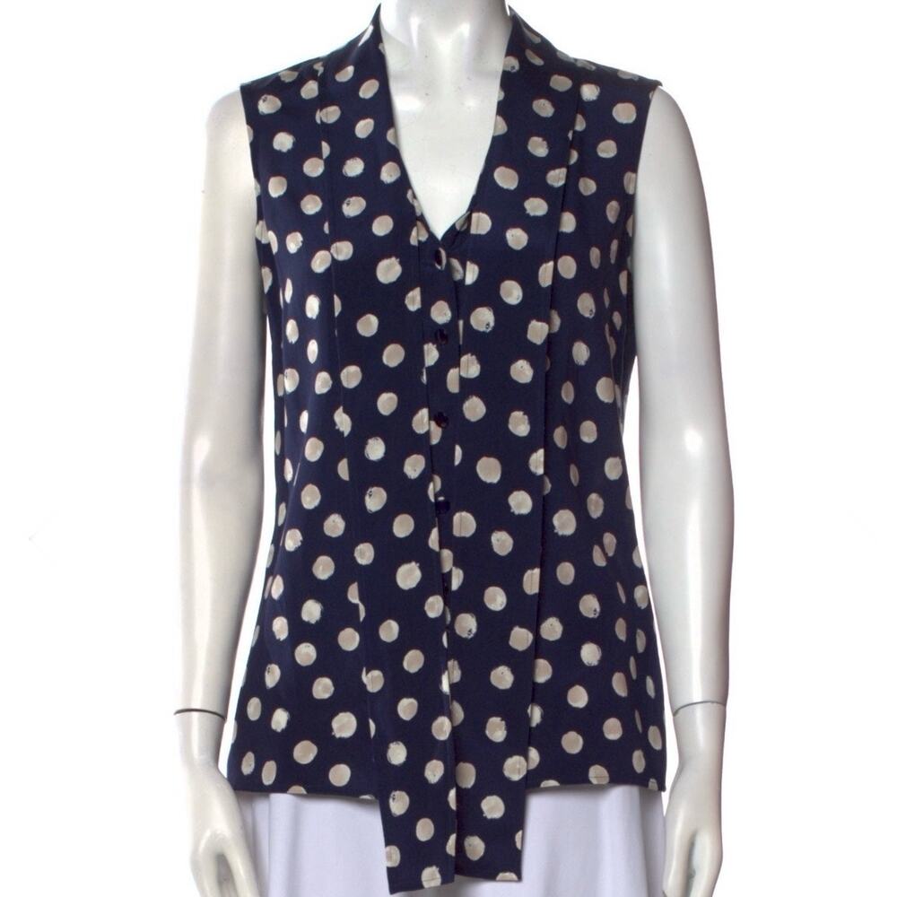 St John Silk Sleeveless blouse neck tie navy polka dot Resortwear Sz 12